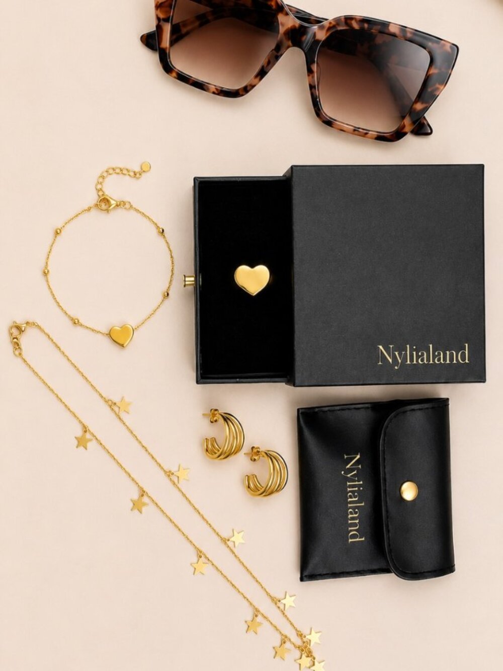 Nylialand Bundle Gold Triple Hoops, Star Necklace & Sunnies